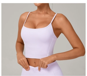 Close-up of light purple yoga vest with thin double straps and smooth finish