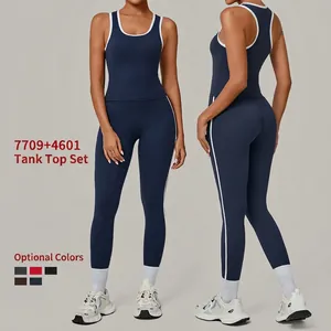 Tenue de Yoga pour Femmes avec Blocs de Couleurs Contrastées Débardeur Sans Manches et Leggings de Compression Taille Haute