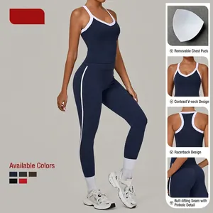 Dames yoga set in marineblauw met witte contrastbiezen inclusief tanktop en high waist legging