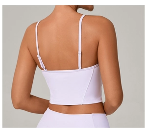 Close-up of adjustable double straps and back stitching on lavender yoga tank top