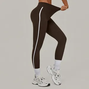 Hoch taillierte Yoga-Leggings in Braun mit weißen Kontraststreifen für Damen im Sport