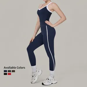 Dames yoga set bestaande uit een marineblauwe sportbeha en contrast legging met strepen