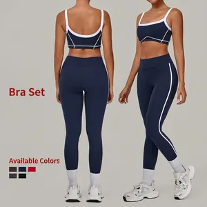 Damen Kontrastnaht Yoga Set Hohe Taille Leggings Sport BH Zweiteiler Fitness Fitnessstudio Laufen Activewear Top Und Bottom