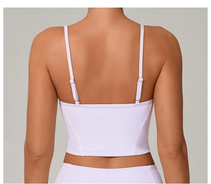 Detail of adjustable double straps and back design on a purple yoga sports bra