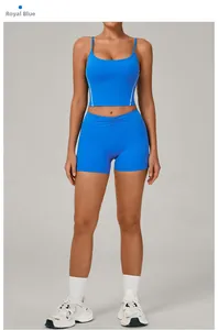 Detail view of royal blue yoga set with streamlined white side stripes and high waist shorts