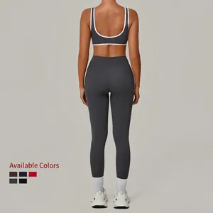 Women's backless grey yoga set with contrast binding and high waist compression leggings