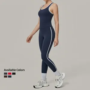 Ensemble de yoga bleu foncé pour femmes avec débardeur et legging à rayures latérales