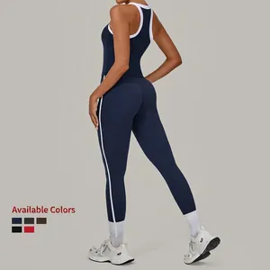 Donkerblauwe yogaset voor dames met witte biezen, inclusief racerback top en strakke broek