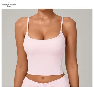 Close-up of cherry blossom pink yoga vest with adjustable double straps and back detail