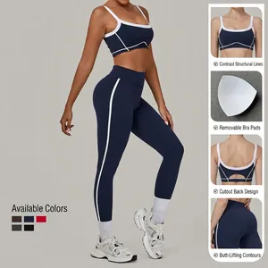 Dunkelblaues Yoga-Set mit weißen Kontrastnähten und Leggings mit hohem Bund für Sport