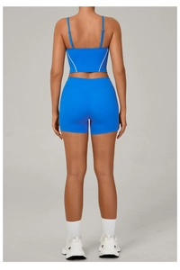 Rear view of a royal blue yoga set featuring a strapless cropped top and high-waist shorts