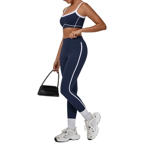 Dunkelblaues zweiteiliges Yoga-Set mit weißem Rand, Sport-Bh und Leggings mit hoher Taille