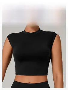 Detail of black sleeveless yoga crop top with high elasticity and snug fit for workout