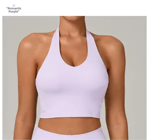 Vista frontale del reggiseno sportivo allacciato al collo viola chiaro con ampio scollo a U