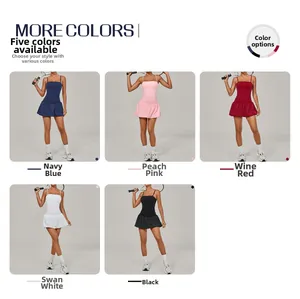 Detail showing five colors of pleated tennis dress with shorts and waist slimming design