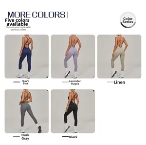 Detail display of cross back yoga jumpsuit showing five available color options and slim fit