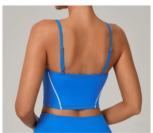 Detail of blue sports bra featuring adjustable double straps and silver metal buckles