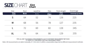 Size chart for women's yoga jumpsuit showing bust, waist and hip measurements in cm