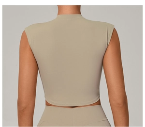 Slim fit khaki quick dry yoga top with stylish sleeveless cut and stand-up collar