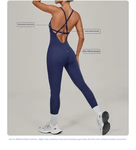 Detail of adjustable criss-cross back straps and push-up effect on navy yoga bodysuit