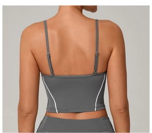 Detailed back view of adjustable double strap yoga sports bra with contrast stitching