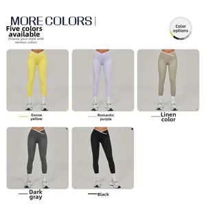 Detail view of high waist crossover yoga pants available in five distinct vibrant colors