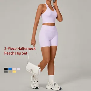 Ensemble de Yoga Halter pour Femmes Haute Élasticité Séchage Rapide Gym Workout Top And Bottom Short de Sport Lifting des Fesses