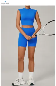 Detail view of royal blue two-piece yoga set featuring high-waist shorts and sports vest
