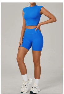 Nude-feel Klein blue yoga set with high-waist tight shorts and short sleeve cropped top