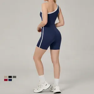 Combi-short de sport bleu à une épaule pour femme avec bordures blanches contrastées