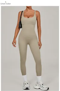 Detail of flax-colored yoga bodysuit showing slimming waist stitching on the model