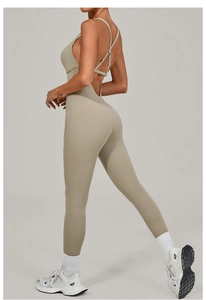 Detailed back view of adjustable cross straps on women fitness yoga bodysuit
