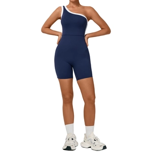 Combinaison de yoga asymétrique à une épaule pour femme en bleu foncé et bordure blanche