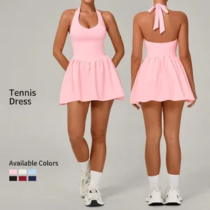 Women Halter Backless Tennis Dress With Built-In Shorts Pockets Pleated Sporty Activewear For Running Gym Yoga Top And Bottom