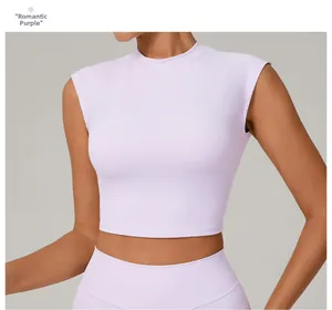 Detailed close-up of lavender slim-fit quick-dry yoga t-shirt with chic cap sleeves