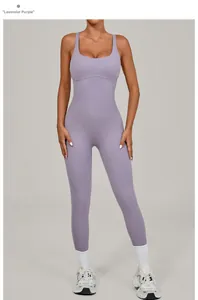 Detailed front view of indigo purple yoga bodysuit with u-neck and slimming seams