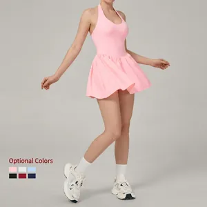 Pink halter neck tennis dress with pleated skirt for women fitness and running sports