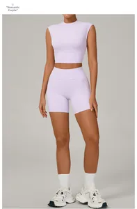 Detailed view of lavender purple seamless yoga set with short sleeve crop top and high waist shorts