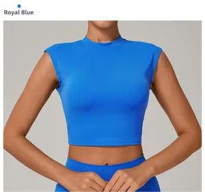 Close-up of royal blue tight-fitting yoga t-shirt in quick-dry fabric for gym workout