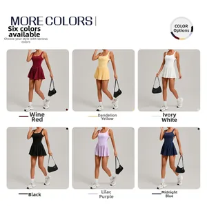 Detail view of women backless sports dress in six colors including pleated hem style