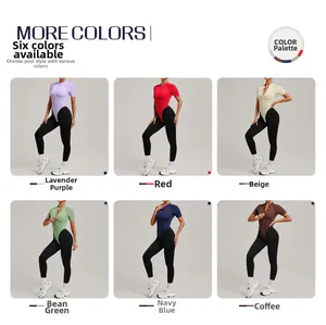 Collage of women's yoga sets in six colors including lavender, navy and green