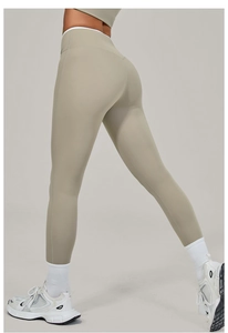 Close-up of high-waisted yoga leggings showing the seamless fit and matte fabric texture