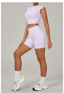 Detail view of the lavender purple yoga set with high-waist shorts and a slim-fit crop top