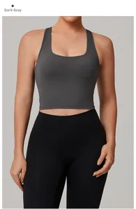 Detailansicht einer dunkelgrauen Sportweste mit eckigem Ausschnitt und Racerback-Design