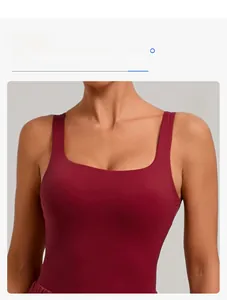 Close-up of burgundy high-stretch backless sports dress with wide square neckline