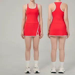 Conjunto Deportivo Slim Fit para Mujer Top And Bottom Ribete en Contraste Chaleco Nadadora Falda con Abertura Yoga Tenis