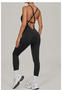 Macro shot of cross back straps on a black high-elastic fitness yoga bodysuit