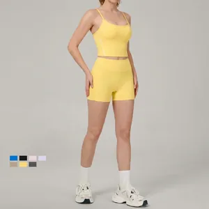 Women Naked Feel Strappy Sports Bra And High Waist Scrunch Butt Shorts Top And Bottom Set Gym Fitness Running Athletic Outfit