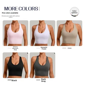 Vue détaillée de cinq couleurs de débardeurs de sport courts à col en U pour femmes