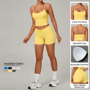 Women's yellow yoga set with U-neck sports bra and high-waist shorts in 7 colors